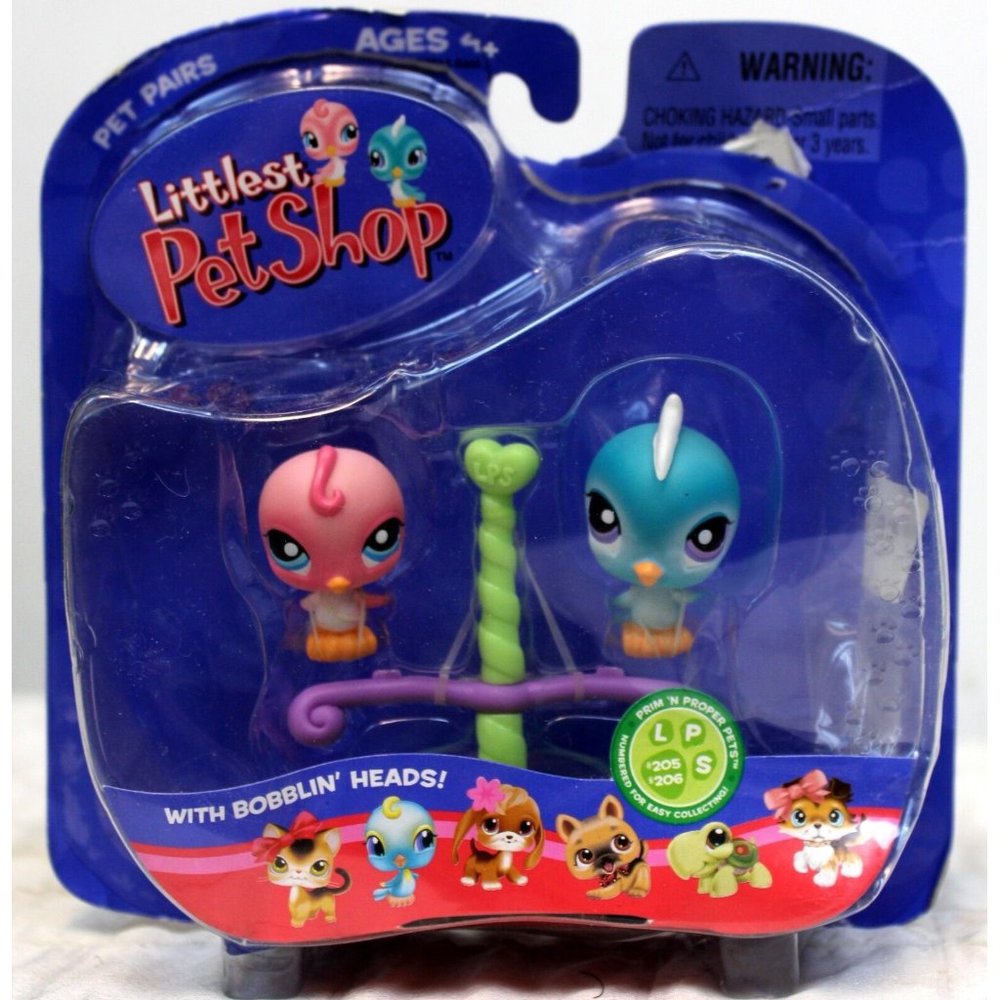 LPS Littlest Pet Shop Pairs Birds #205 206 Parrot Bobble Blue Pink Stand Heart